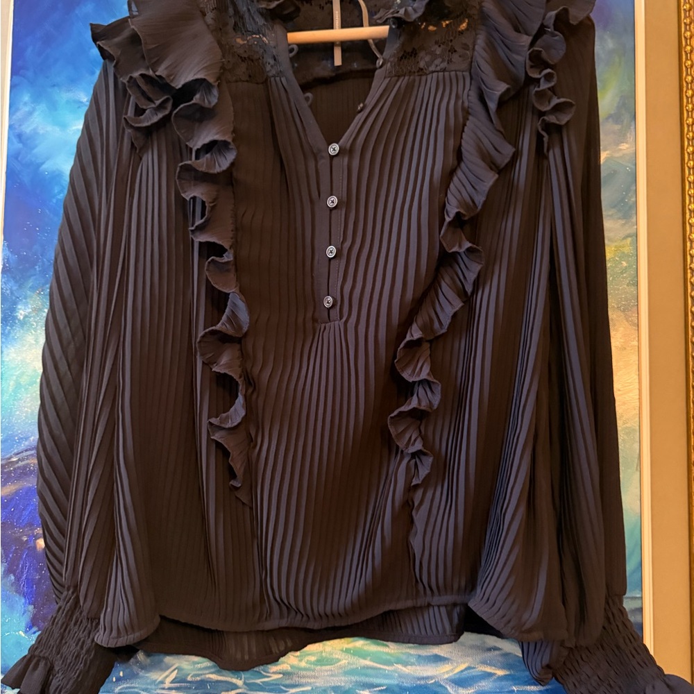 Anthropologie Black Pleated Ruffle Button-Front Blouse